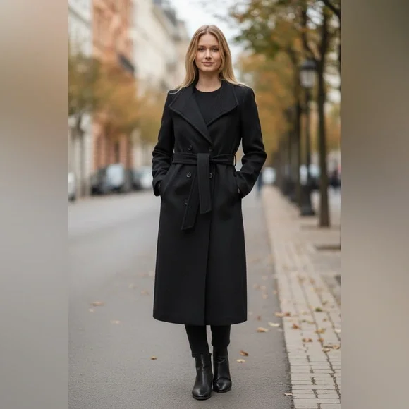 Mango size Medium Woolen Italian Wool Double-Breasted Belted Trench Coat Black - Picture 2 of 14